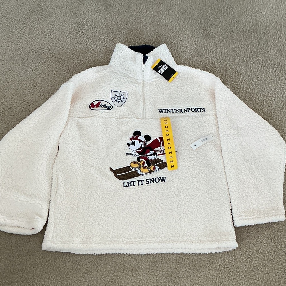 NWT Disney Mickey Mouse Winter Sports Let It Snow Ivory Fleece Pullover - Size M